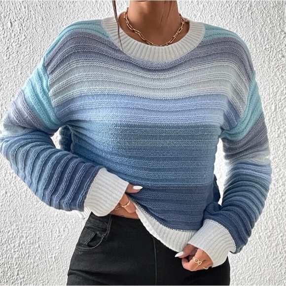 🆕 Balloon Sleeve Sweater - Blue & White Stripes - Picture 5 of 5